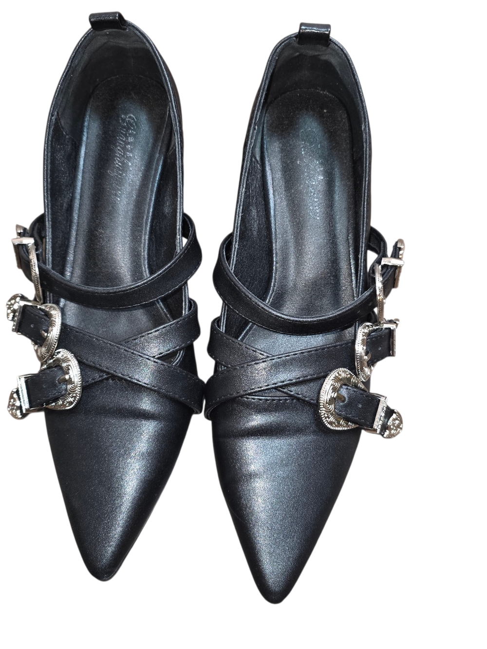 Guanghuiyuzu Black Pointed Toe Block Heel Western Buckle Pumps Womens 6